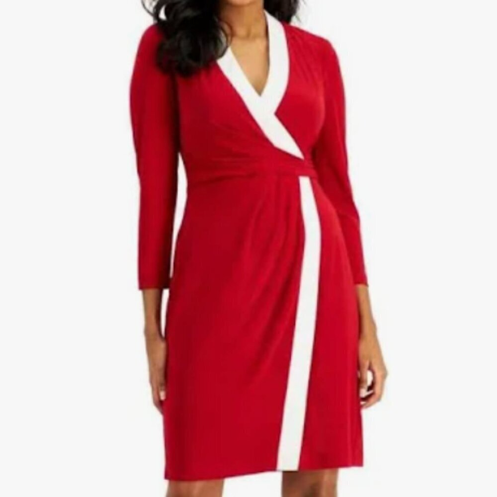 Kasper Long Sleeve V-Neck Faux Wrap Midi Dress - Red Cream - Picture 13 of 13